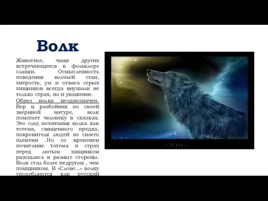 Волк Животное, чаще других встречающееся в фольклоре славян. Осмысленность поведения волчьей