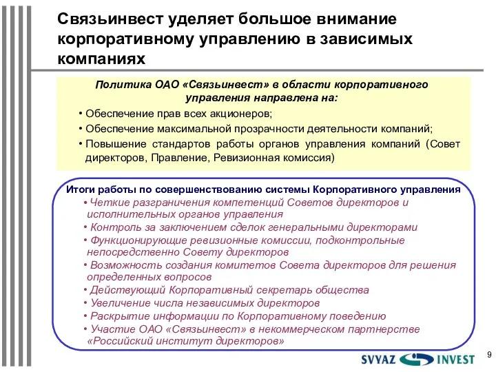 Связьинвест уделяет большое внимание корпоративному управлению в зависимых компаниях Политика ОАО