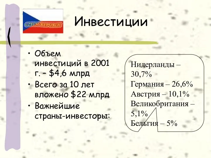 Инвестиции Объем инвестиций в 2001 г. – $4,6 млрд Всего за