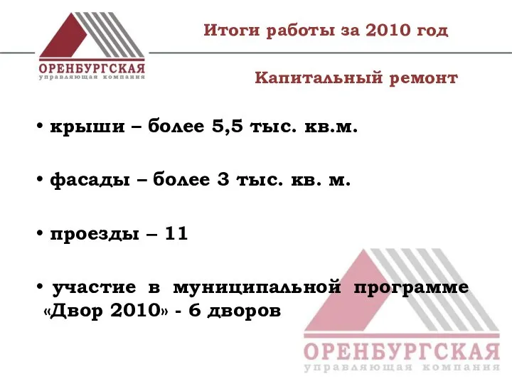 Итоги работы за 2010 год крыши – более 5,5 тыс. кв.м.