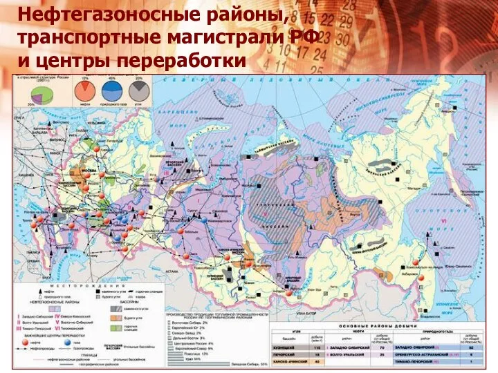 Нефтегазоносные районы, транспортные магистрали РФ и центры переработки