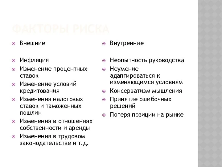 ФАКТОРЫ РИСКА Внешние Инфляция Изменение процентных ставок Изменение условий кредитования Изменения