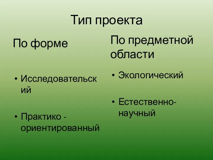 Тип проекта По форме Исследовательский Практико - ориентированный По предметной области Экологический Естественно- научный