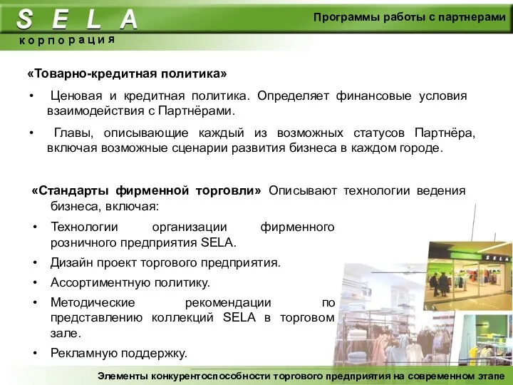 «Стандарты фирменной торговли» Описывают технологии ведения бизнеса, включая: «Товарно-кредитная политика» Ценовая