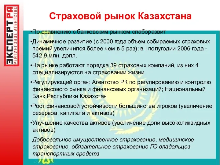 Страховой рынок Казахстана По сравнению с банковским рынком слаборазвит Динамичное развитие