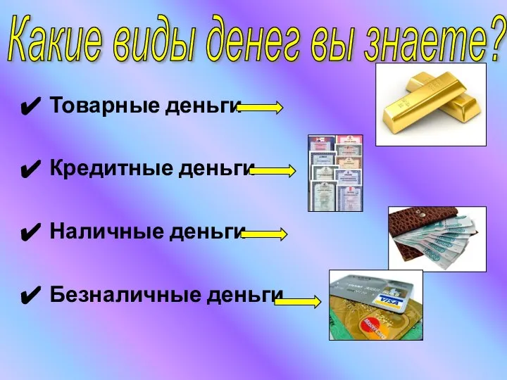 Товарные деньги Кредитные деньги Наличные деньги Безналичные деньги Какие виды денег вы знаете?