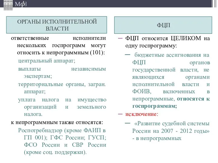 ФЦП ОРГАНЫ ИСПОЛНИТЕЛЬНОЙ ВЛАСТИ ФЦП относится ЦЕЛИКОМ на одну госпрограмму: бюджетные