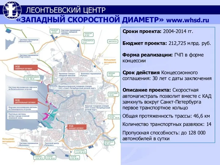 «ЗАПАДНЫЙ СКОРОСТНОЙ ДИАМЕТР» www.whsd.ru Сроки проекта: 2004-2014 гг. Бюджет проекта: 212,725