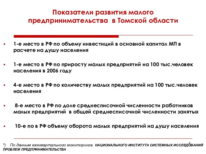 Показатели развития малого предпринимательства в Томской области 1-е место в РФ