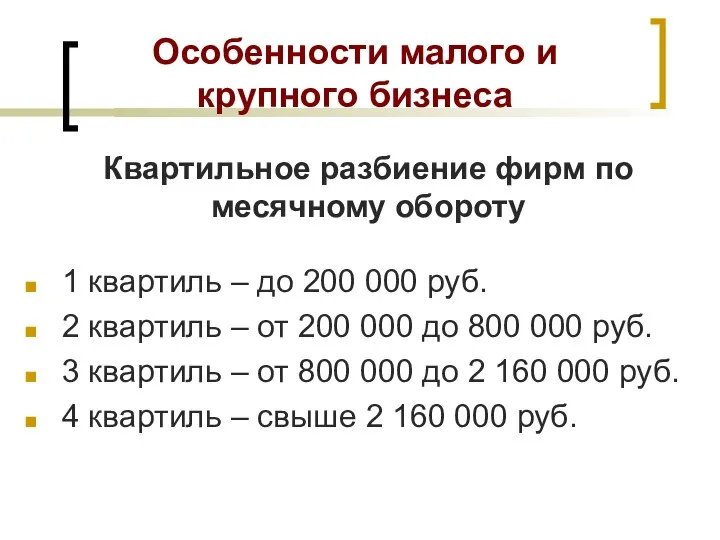 Особенности малого и крупного бизнеса 1 квартиль – до 200 000