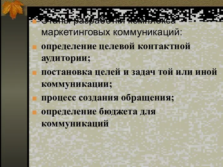 Этапы разработки комплекса маркетинговых коммуникаций: определение целевой контактной аудитории; постановка целей