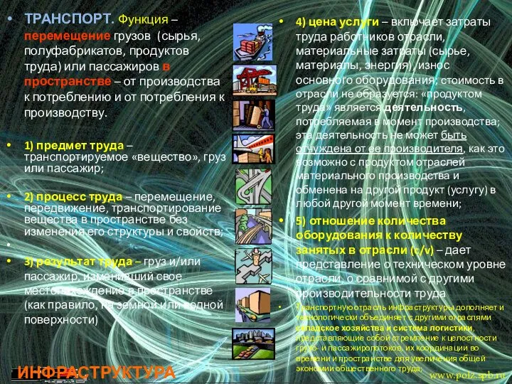 ИНФРАСТРУКТУРА ТРАНСПОРТ. Функция – перемещение грузов (сырья, полуфабрикатов, продуктов труда) или