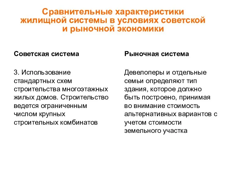 Сравнительные характеристики жилищной системы в условиях советской и рыночной экономики