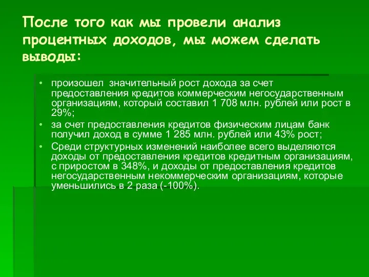 После того как мы провели анализ процентных доходов, мы можем сделать