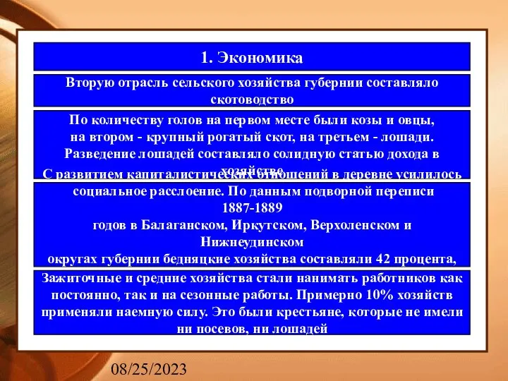 08/25/2023 1. Экономика Вторую отрасль сельского хозяйства губернии составляло скотоводство По