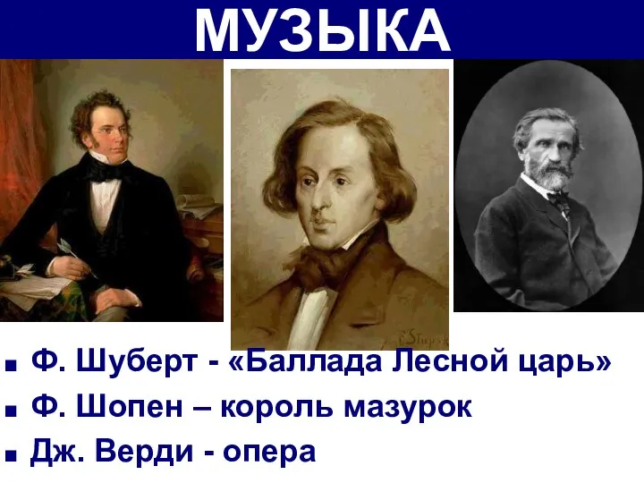 МУЗЫКА Ф. Шуберт - «Баллада Лесной царь» Ф. Шопен – король мазурок Дж. Верди - опера