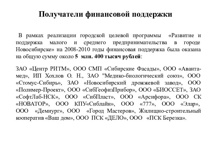 Получатели финансовой поддержки В рамках реализации городской целевой программы «Развитие и