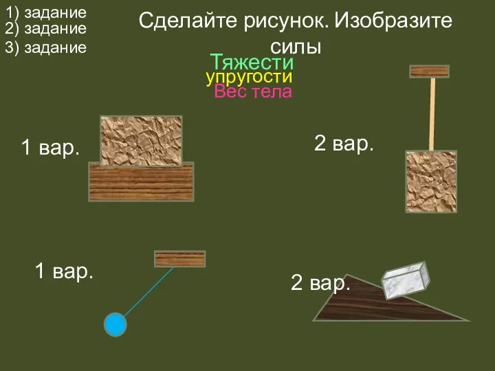 Сделайте рисунок. Изобразите силы Тяжести упругости Вес тела 1 вар. 1