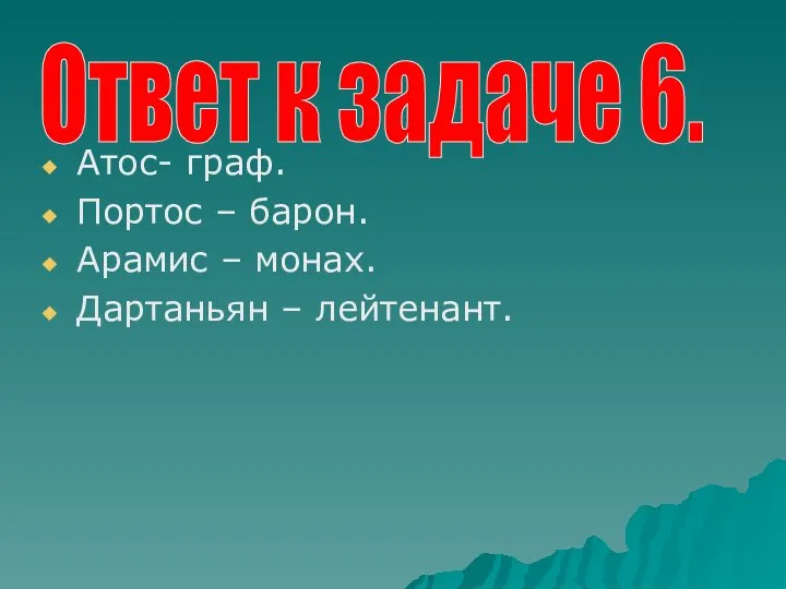 Атос- граф. Портос – барон. Арамис – монах. Дартаньян – лейтенант. Ответ к задаче 6.