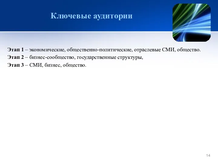 Ключевые аудитории Этап 1 – экономические, общественно-политические, отраслевые СМИ, общество. Этап