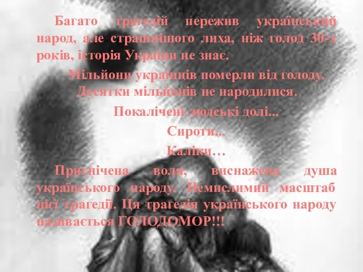 Багато трагедій пережив український народ, але страшнішого лиха, ніж голод 30-х