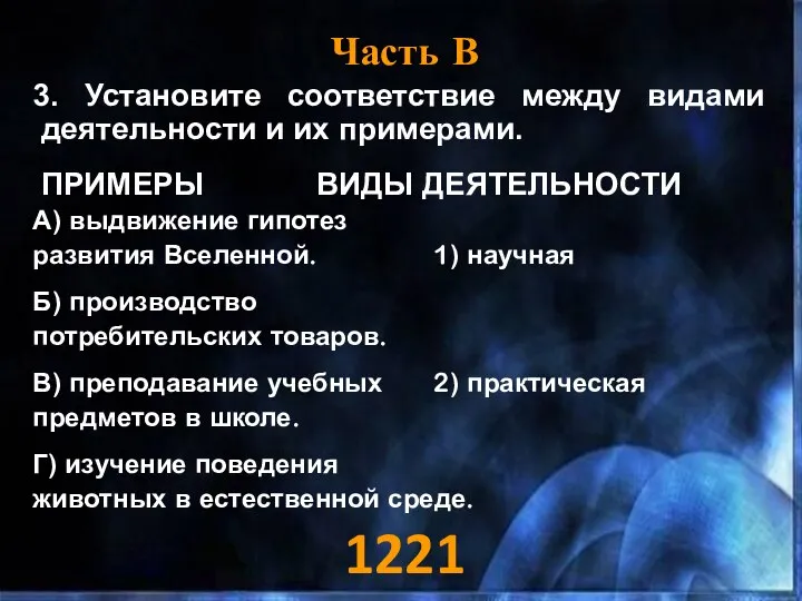 Часть В 3. Установите соответствие между видами деятельности и их примерами.