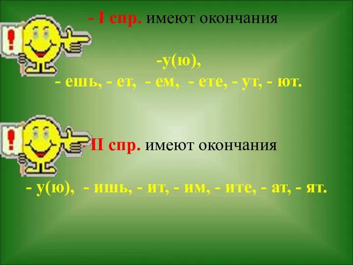 - I спр. имеют окончания -у(ю), - ешь, - ет, -