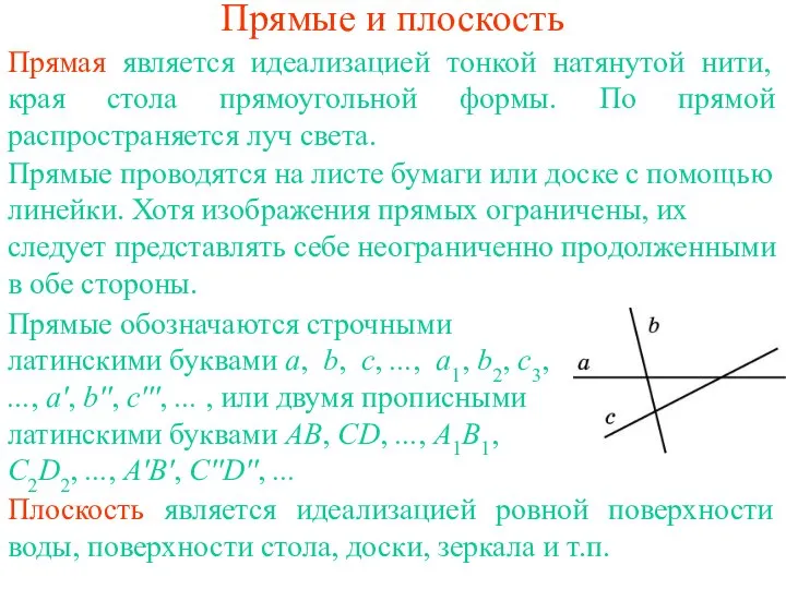 Прямые и плоскость Прямая является идеализацией тонкой натянутой нити, края стола