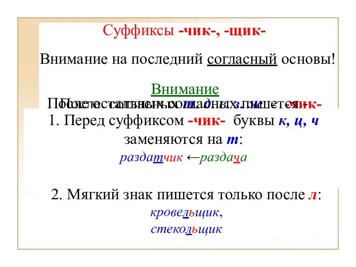 Суффиксы -чик-, -щик- Внимание на последний согласный основы! После согласных т,