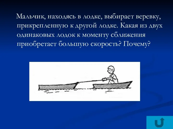 Мальчик, находясь в лодке, выбирает веревку, прикрепленную к другой лодке. Какая