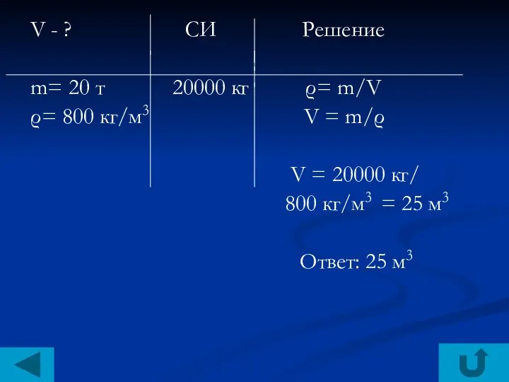 V - ? СИ Решение m= 20 т 20000 кг ρ=