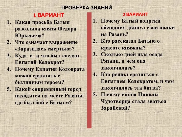 ПРОВЕРКА ЗНАНИЙ 1 ВАРИАНТ Какая просьба Батыя разозлила князя Федора Юрьевича?