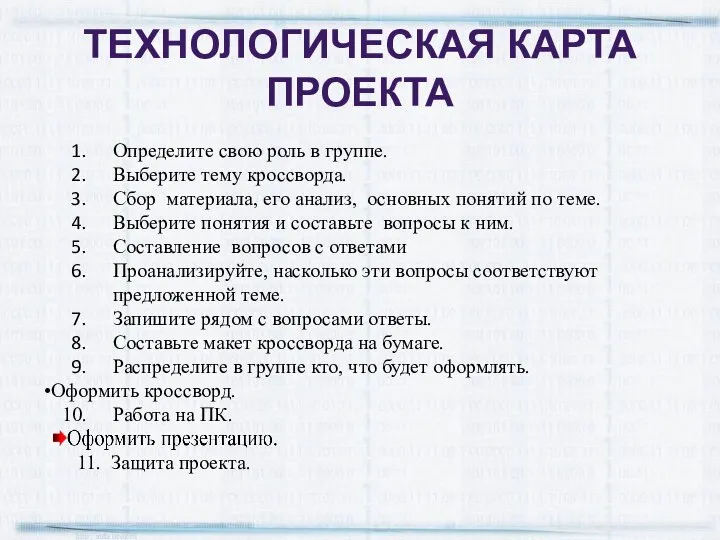 Технологическая карта проекта Определите свою роль в группе. Выберите тему кроссворда.