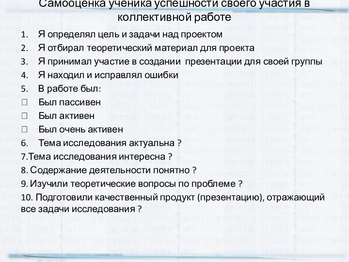 Самооценка ученика успешности своего участия в коллективной работе 1. Я определял