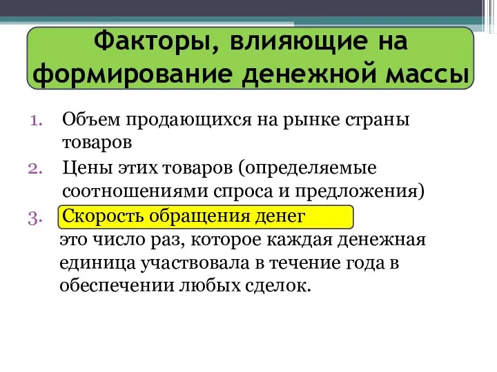 Факторы, влияющие на формирование денежной массы Объем продающихся на рынке страны