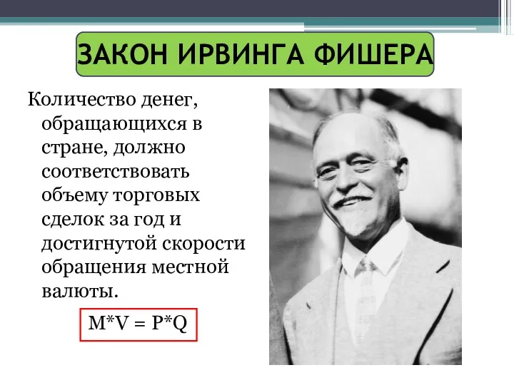 ЗАКОН ИРВИНГА ФИШЕРА Количество денег, обращающихся в стране, должно соответствовать объему