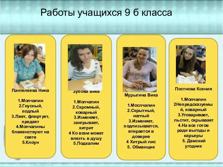 Пантелеева Нина 1.Молчалин 2.Гнусный, подлый 3.Лжет, флиртует, предает 4.Молчалины блаженствуют на