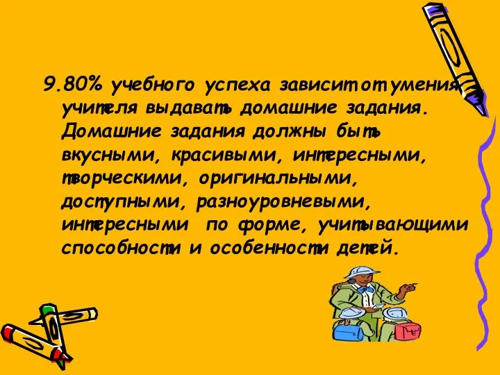 9.80% учебного успеха зависит от умения учителя выдавать домашние задания. Домашние