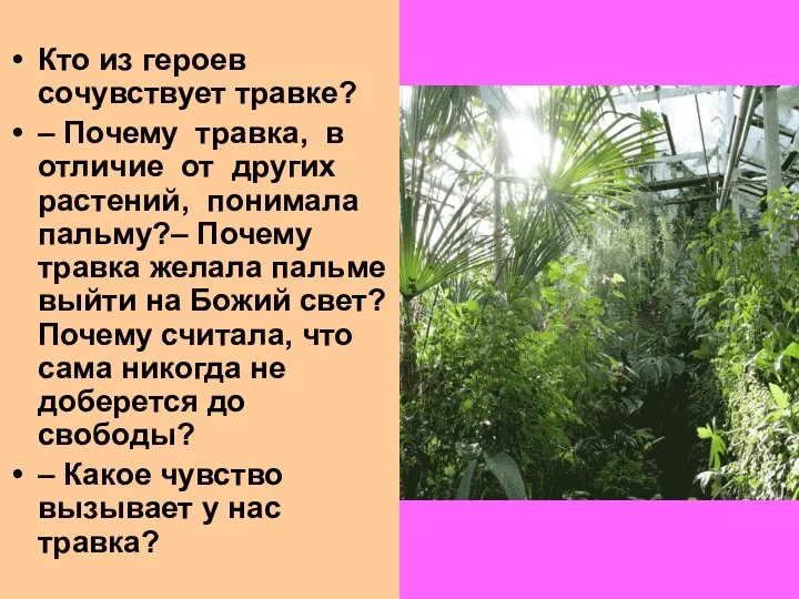 Кто из героев сочувствует травке? – Почему травка, в отличие от