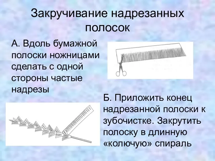 Закручивание надрезанных полосок А. Вдоль бумажной полоски ножницами сделать с одной