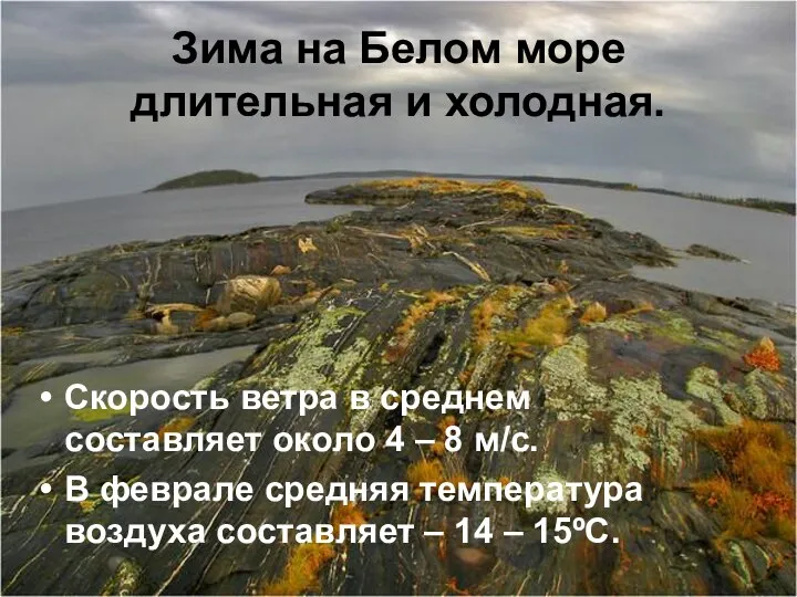 Зима на Белом море длительная и холодная. Скорость ветра в среднем