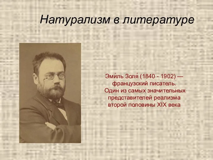 Эми́ль Золя́ (1840 - 1902) — французский писатель. Один из самых