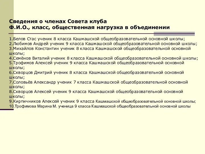 Сведения о членах Совета клуба Ф.И.О., класс, общественная нагрузка в объединении