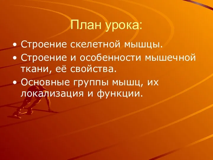 План урока: Строение скелетной мышцы. Строение и особенности мышечной ткани, её