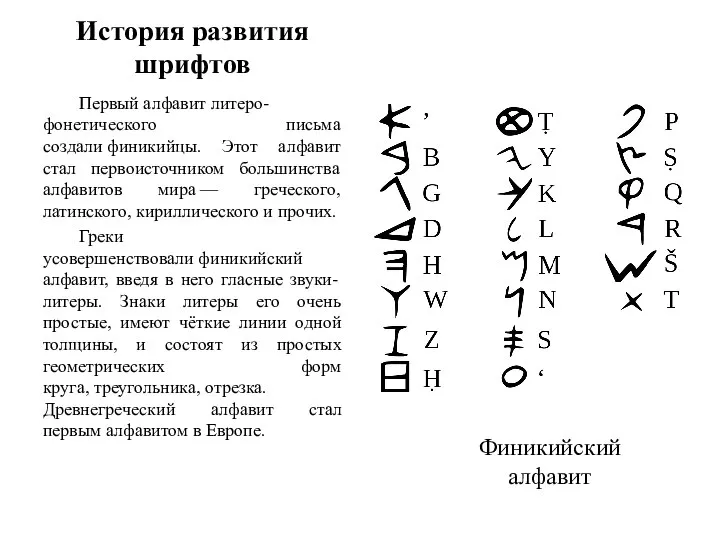 История развития шрифтов Первый алфавит литеро-фонетического письма создали финикийцы. Этот алфавит