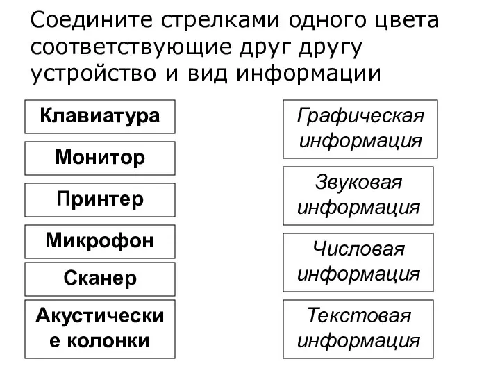 Клавиатура Монитор Принтер Микрофон Акустические колонки Сканер Графическая информация Звуковая информация