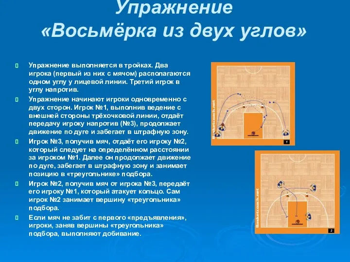 Упражнение «Восьмёрка из двух углов» Упражнение выполняется в тройках. Два игрока