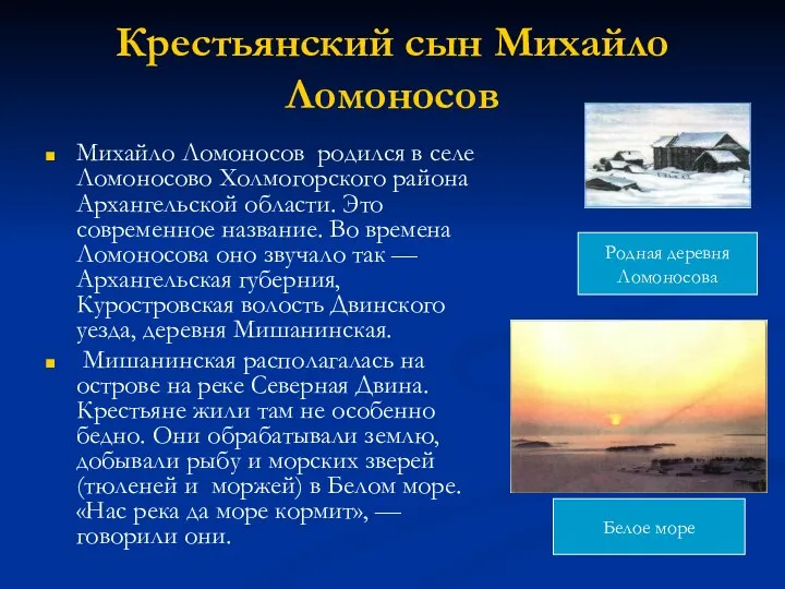 Крестьянский сын Михайло Ломоносов Михайло Ломоносов родился в селе Ломоносово Холмогорского