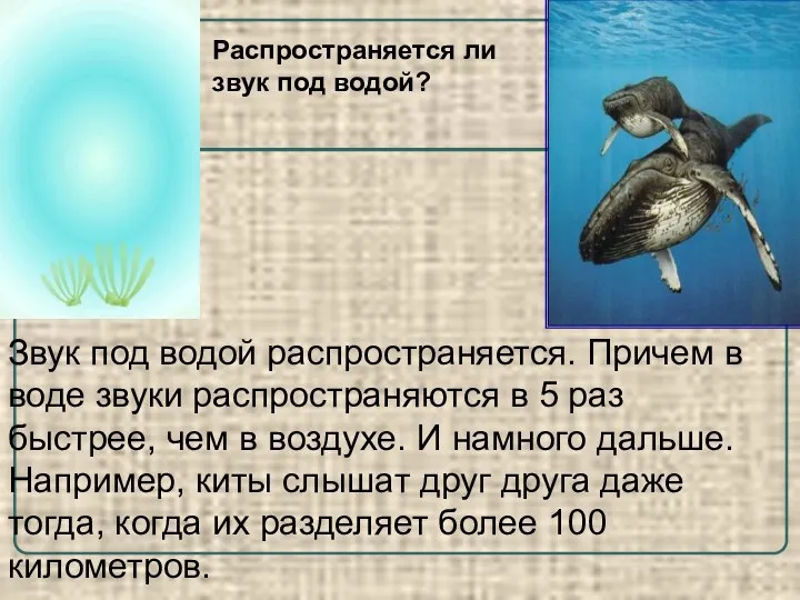 Звук под водой распространяется. Причем в воде звуки распространяются в 5