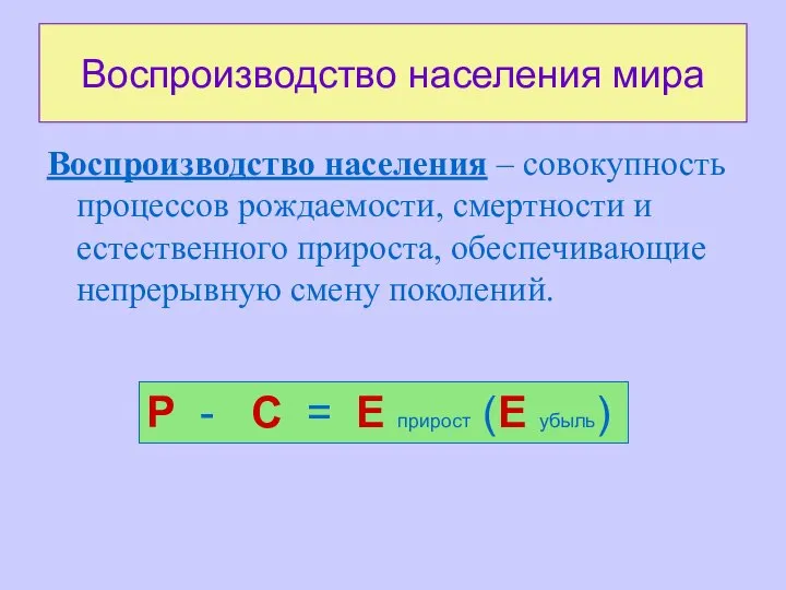 Воспроизводство населения мира Воспроизводство населения – совокупность процессов рождаемости, смертности и